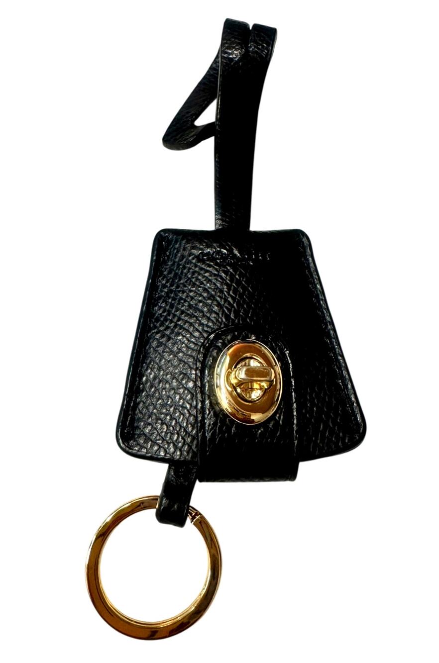 Coach Black Leather Turnlock Hangtag Key Ring Bag Charm Gold-Tone Hardware